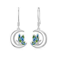 wholesale 925 Sterling Silver Butterfly Crescent Moon Drop Earrings with Green and Blue Enamel Accents-Butterfly