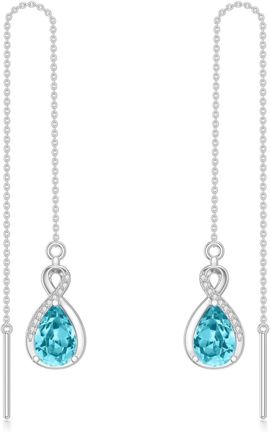 Sterling Silver 12 Birthstone Infinity Threader Drop Earrings for Women-12-December-Blue