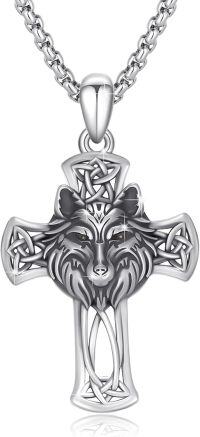 wholesale 925 Sterling Silver &  Celtic Knot Wolf Head Cross Pendant Necklace -Celtic Knot Wolf Cross Necklace