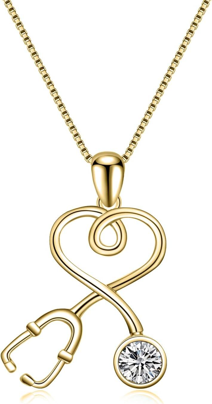 wholesale 925 Sterling Silver Plated Gold Infinity Heart Stethoscope Pendant Necklace with Cubic Zirconia Accent for Nurses Doctors Gifts-0-0