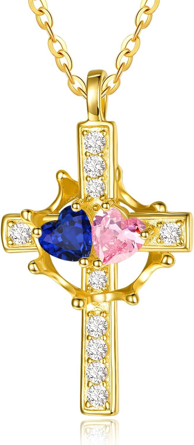 Sterling Silver Birthstones Gold Cross Necklace for Women -09-10-Sept-Oct-09-10-Sept-Oct