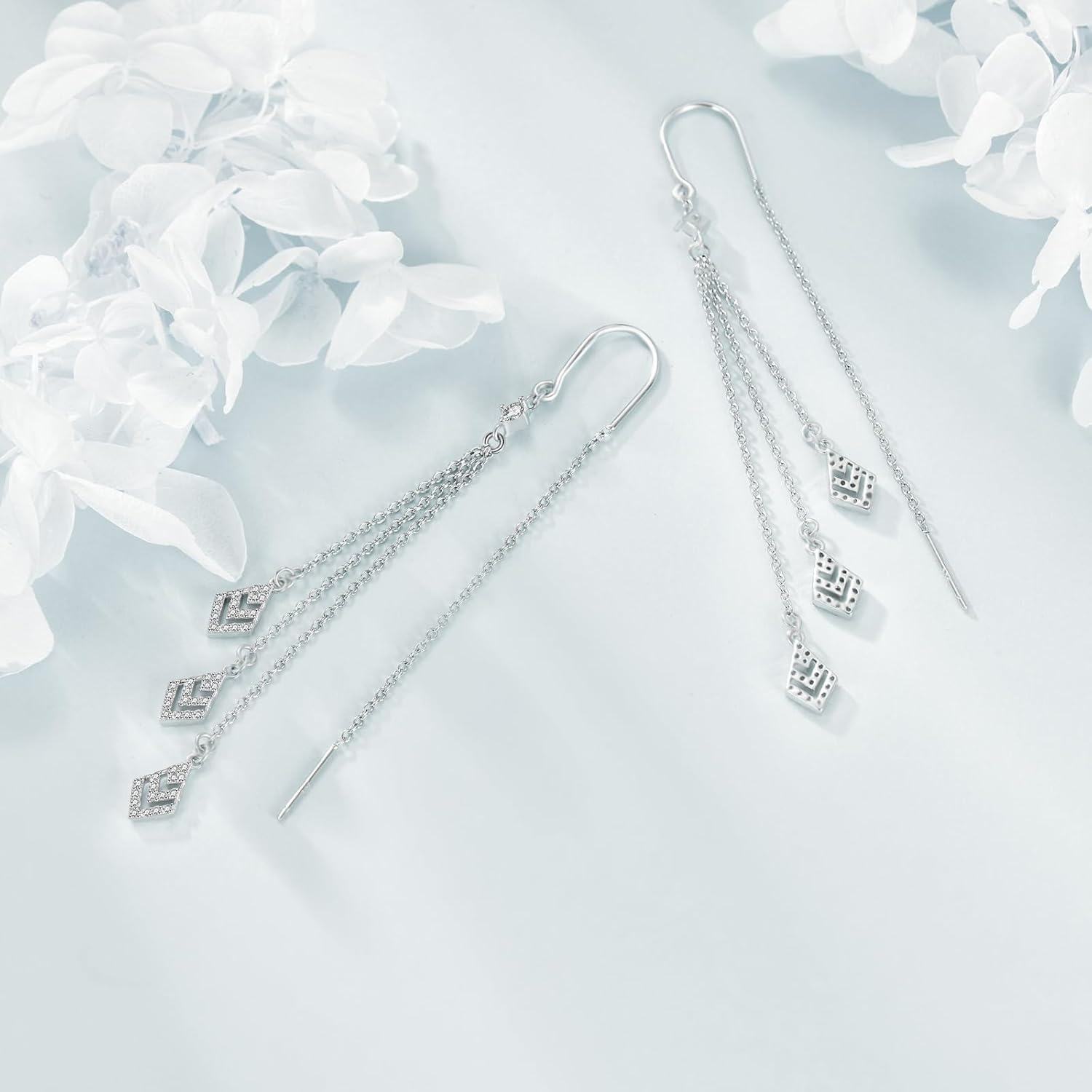 925 Sterling Silver Geometric Cubic Zirconia Shape Threader Dangle Drop Earrings with Chain and CZ Stones for Women-0-4