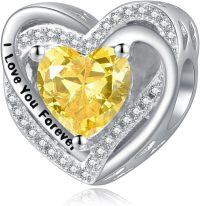 wholesale 925 Sterling Silver Heart Birthstone Charms for Bracelets Jewelry Gifts-Bead - Nov - Citrine