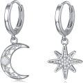 wholesale 925 Sterling Silver Crescent Moon & Star Dangle Huggie Hoop Earrings with Opal Stone and Cubic Zirconia Accents-0-0