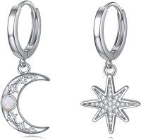 wholesale 925 Sterling Silver Crescent Moon & Star Dangle Huggie Hoop Earrings with Opal Stone and Cubic Zirconia Accents-Moon Star