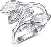 wholesale Sterling Silver Leaf Ring with Birthstone Adjustable Wrap Promise Engagement Wedding Rings for Women-Clear
