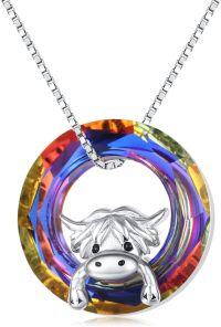 wholesale 925 Sterling Silver Rainbow Crystal Highland Cow Pendant Necklace-C-Volcano Crystal