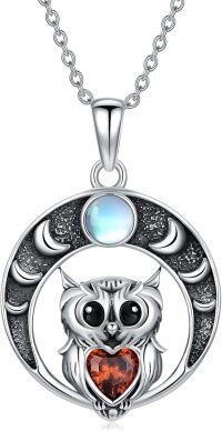 wholesale 925 Sterling Silver Owl Pendant Necklace with Moonstone and Garnet Heart Gemstones - Unique Gifts for Mom & Daughter on Mothers' Day or Birthdays-13-Owl Moon Phase Necklace