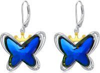 wholesale TOUPOP Butterfly Earrings For Women Sterling Silver Crown Leverback Dangle Earrings With Blue Crystal Anniversary Birthday Christmas Jewelry Gifts For Mom Wife Girlfriend Sister Friend -undefined