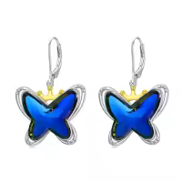 TOUPOP Sterling Silver Blue Crystal Butterfly Crown Leverback Dangle Earrings-undefined
