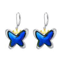 TOUPOP Sterling Silver Blue Crystal Butterfly Crown Leverback Dangle Earrings-undefined