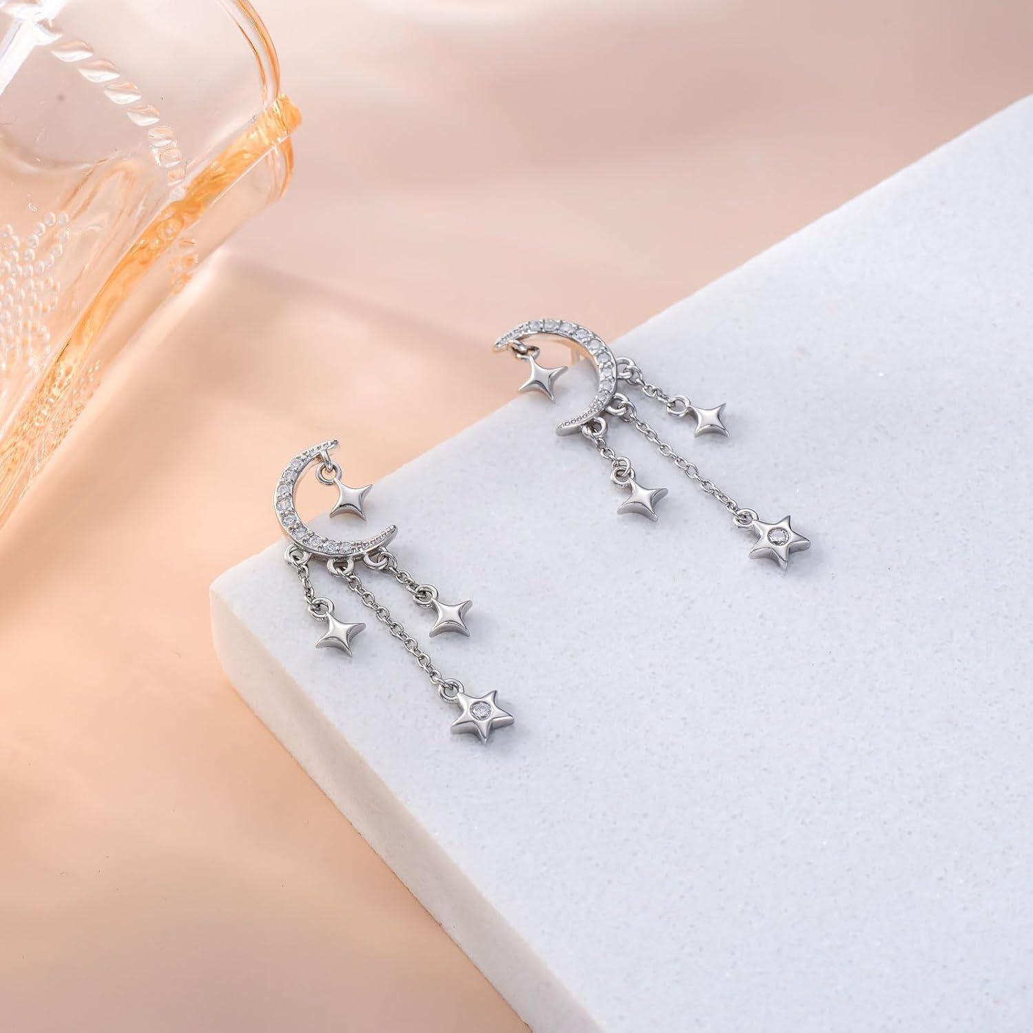 Sterling Silver CZ Sparkling Crescent Moon Star Stud Tassel Earrings-0-3