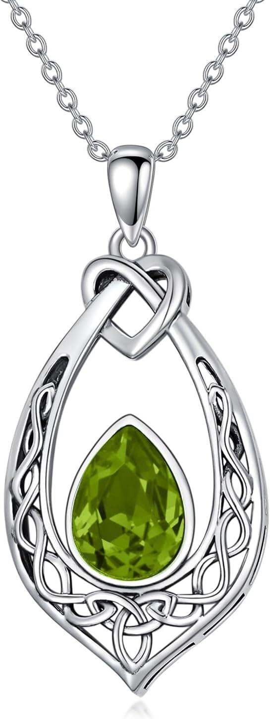 Sterling Silver Simulated Birthstone Celtic Knot Necklace Oxidized Vintage Love Knot Pendant Women s Jewelry Gift-Peridot Green