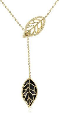 wholesale Sterling Silver Leaf Necklace with Cubic Zirconia & Black Onyx Pendant, 18 Chain, Elegant Y-Necklace for Women, Gift for Mom Daughter-gold black onyx