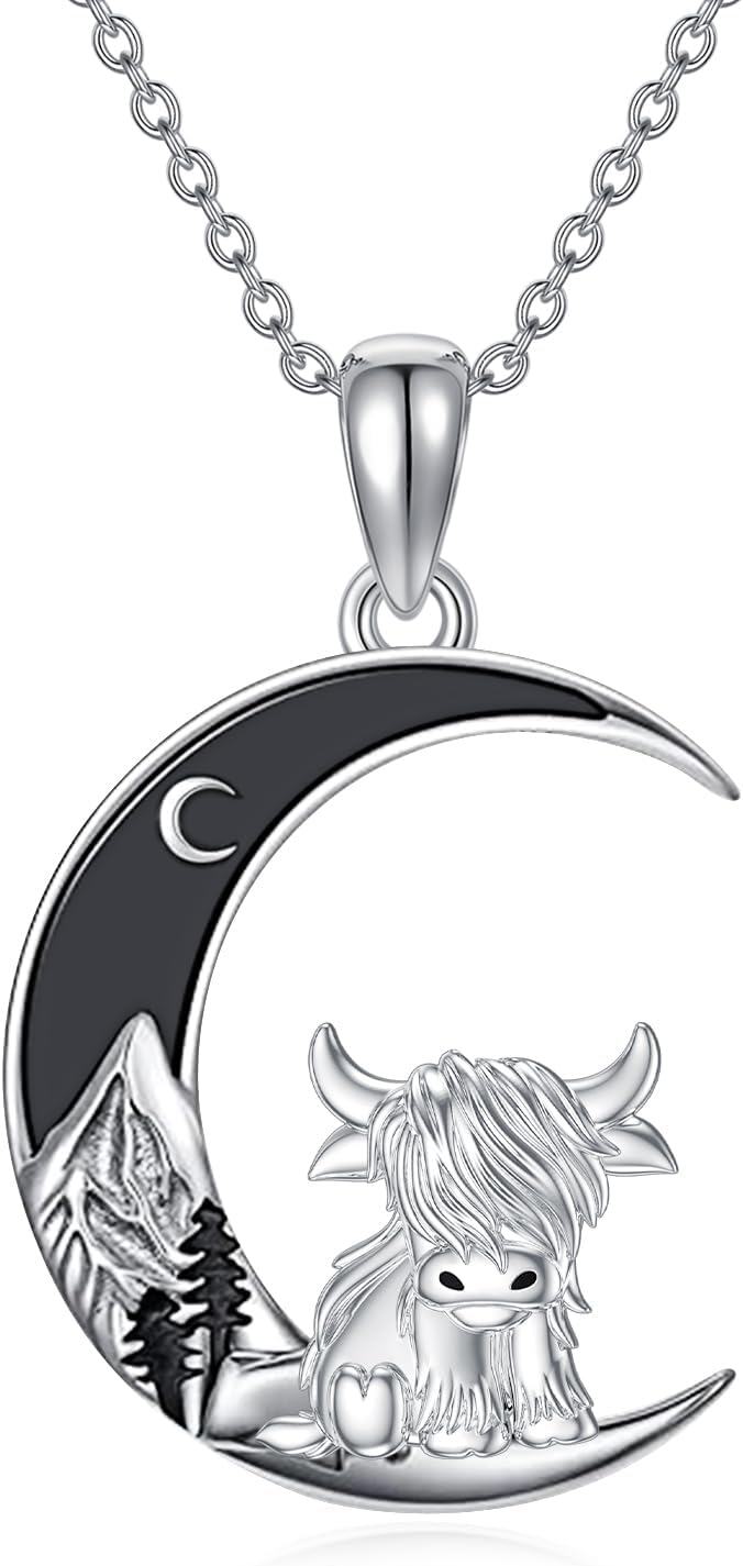 Sterling Silver Highland Cow Birthstone Necklace Jewelry Gifts for Women Girls-Silver-Silver-Mountain