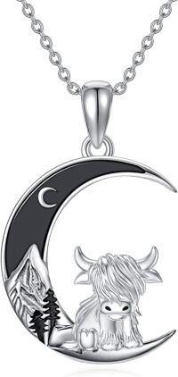 wholesale Sterling Silver Highland Cow Birthstone Necklace Jewelry Gifts for Women Girls-Silver-Silver-Mountain