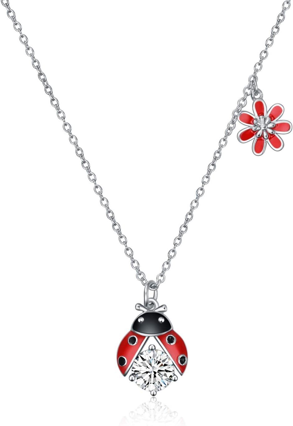 Sterling Silver Ladybug Necklace with Stone for Women Mother Daughter Gifts-Ladybug