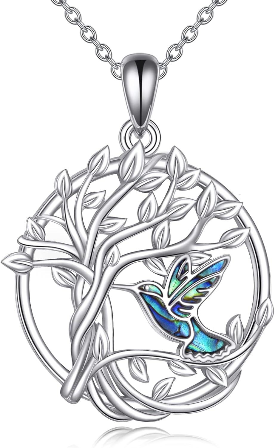 Sterling Silver Moonstone Turquoise Abalone Animal Necklace Cute Jewelry Gift-Hummingbird