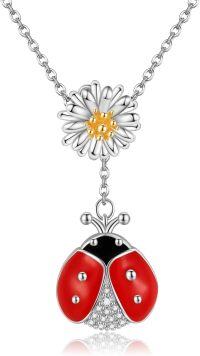 wholesale 925 Sterling Silver Red Ladybug Pendant Necklace with Daisy Charm - Gifts for Her-Ladybug