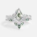 TOUPOP 10k 14k Gold Natural Moss Agate & Moissanite Women's Bridal Ring Set-0-2