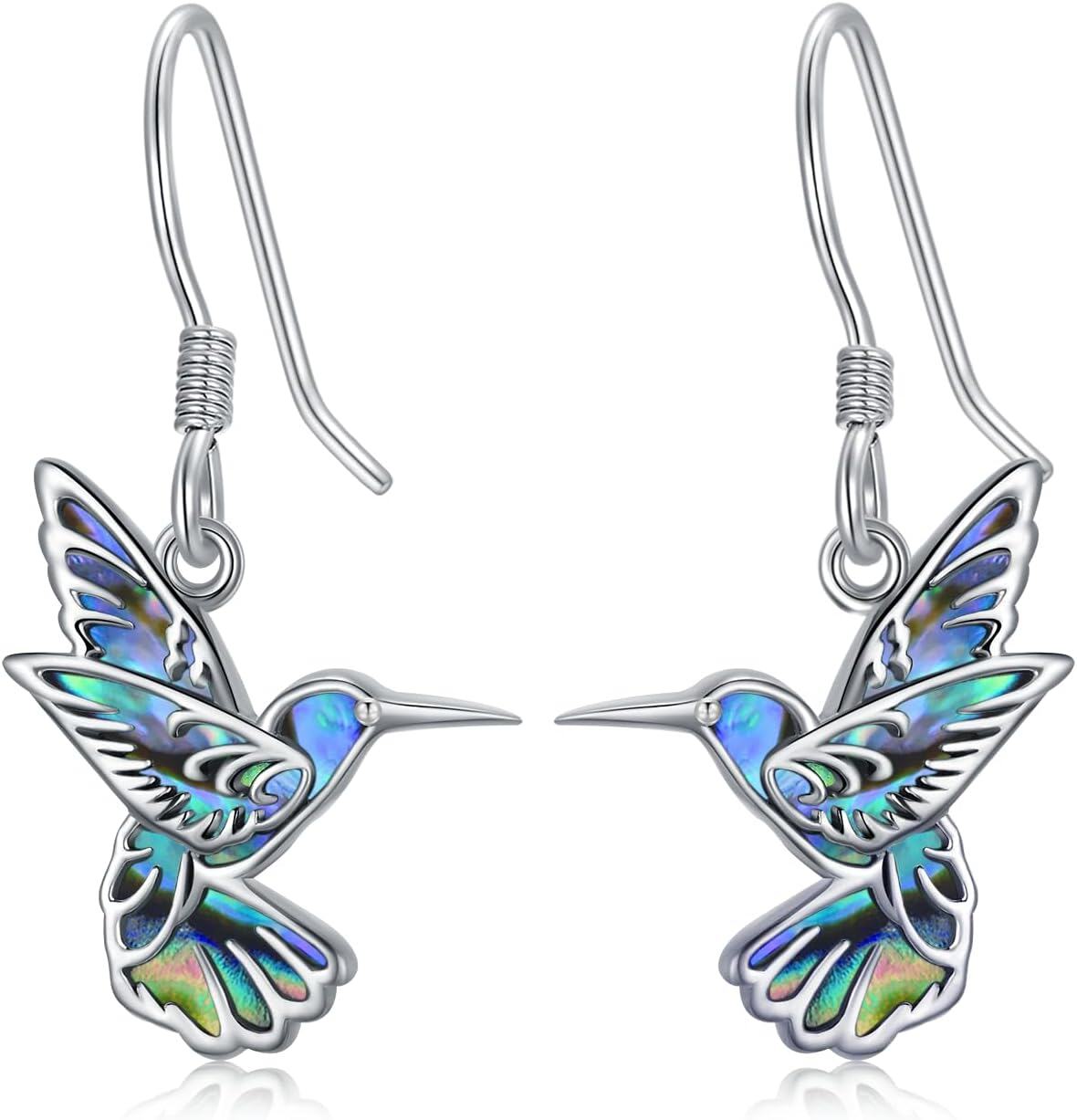  Sterling Silver Abalone Shell Moonstone Hummingbird Butterfly Lotus Dangle Earrings for Women -Hummingbird
