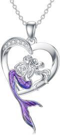 wholesale 925 Sterling Silver Heart-Shaped Mermaid with Purple Tail and Crystal Accents Pendant Necklace-0-0