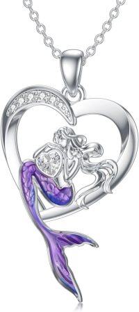 wholesale 925 Sterling Silver Heart-Shaped Mermaid with Purple Tail and Crystal Accents Pendant Necklace-Purple Mermaid