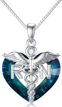 wholesale 925 Sterling Silver Crystal Heart Caduceus Angel Wings RN Pendant Necklace for Nurses Gifts-RN
