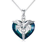 wholesale 925 Sterling Silver Rn Nurse Caduceus Heart Blue Crystal Zircon Pendant Necklace-RN