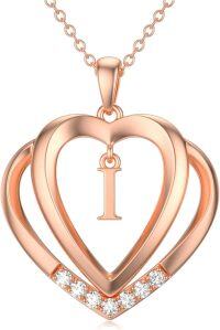wholesale Sterling Silver Moissanite Heart Initial Pendant Necklace for Her-Rose Gold - I Initial