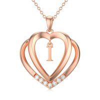 wholesale 925 Sterling Silver Moissanite Heart Initial Pendant Necklace for Her-Rose Gold - I Initial