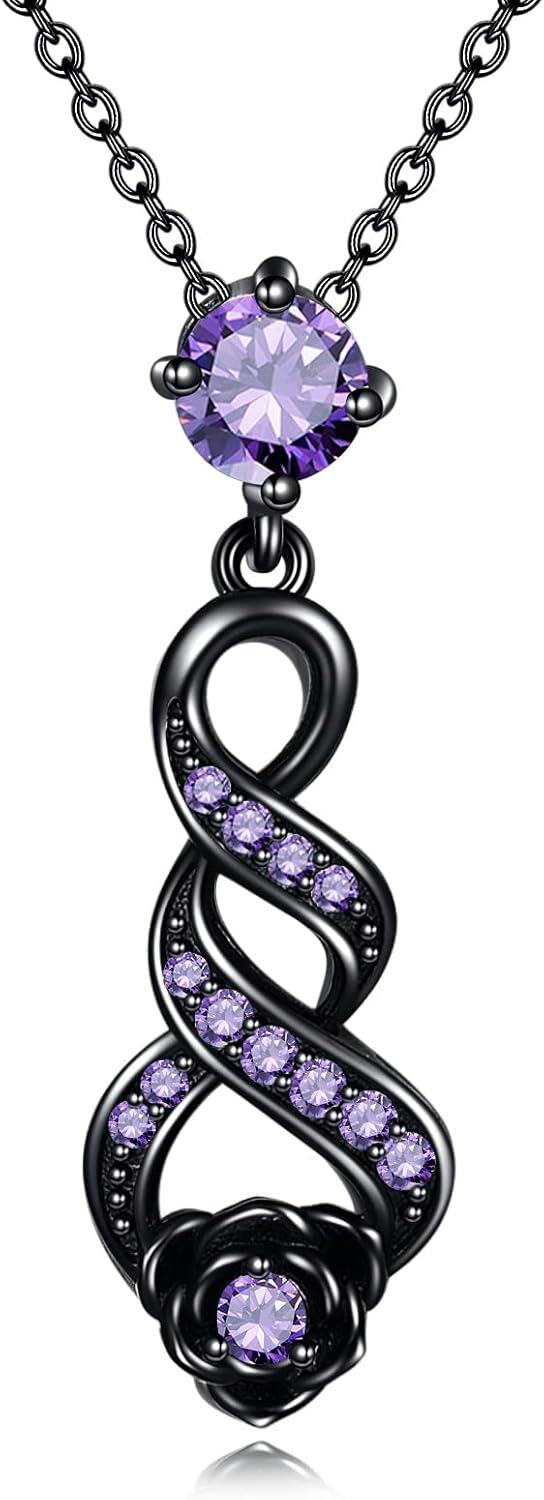 Sterling Silver Black Rose Infinity Pendant Necklace Valentine Gift-Purple