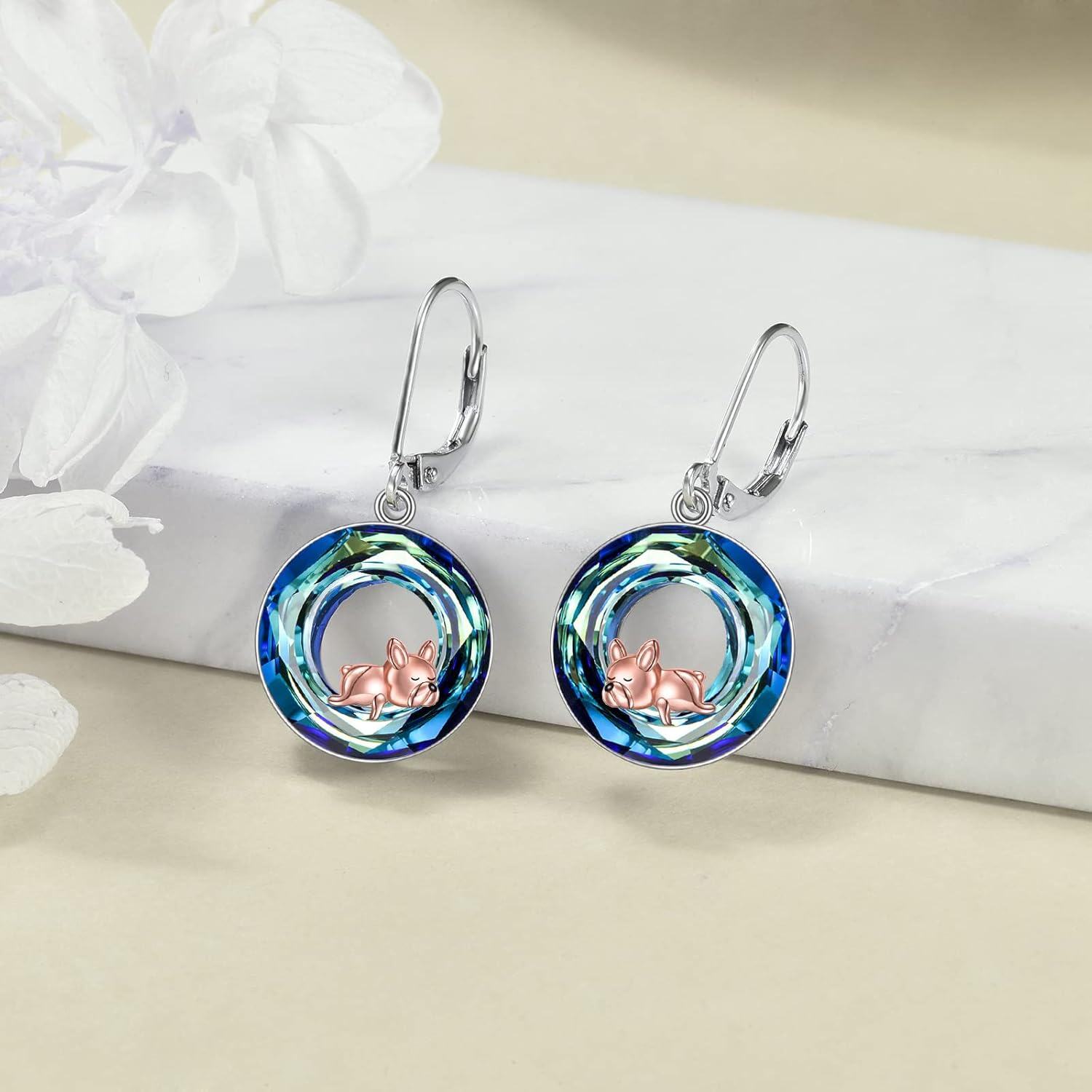 Sterling Silver Blue Crystal French Bulldog Leverback Earrings for Women-0-1