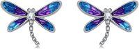 wholesale 925 Sterling Silver Purple Blue Enamel Dragonfly Stud Earrings  for Women-Animal earrings-dragonfly earrings
