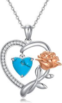 wholesale 925 Sterling Silver Turquoise Heart & Rose Gold Plated Flower Pendant Necklace for Women-B-Rose