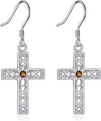 wholesale 925 Sterling Silver Cross Drop Earrings with Tiger Eye Stone for Women  4cm Long-Cross