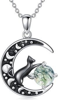 wholesale 925 Sterling Silver Green Moss Agate Cat Crescent Moon Necklace for Women Witchcraft Jewelry-Black Cat-2