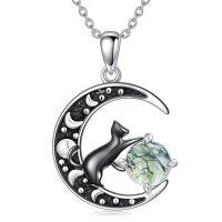 wholesale 925 Sterling Silver Green Moss Agate Cat Crescent Moon Necklace for Women Witchcraft Jewelry-Black Cat-2