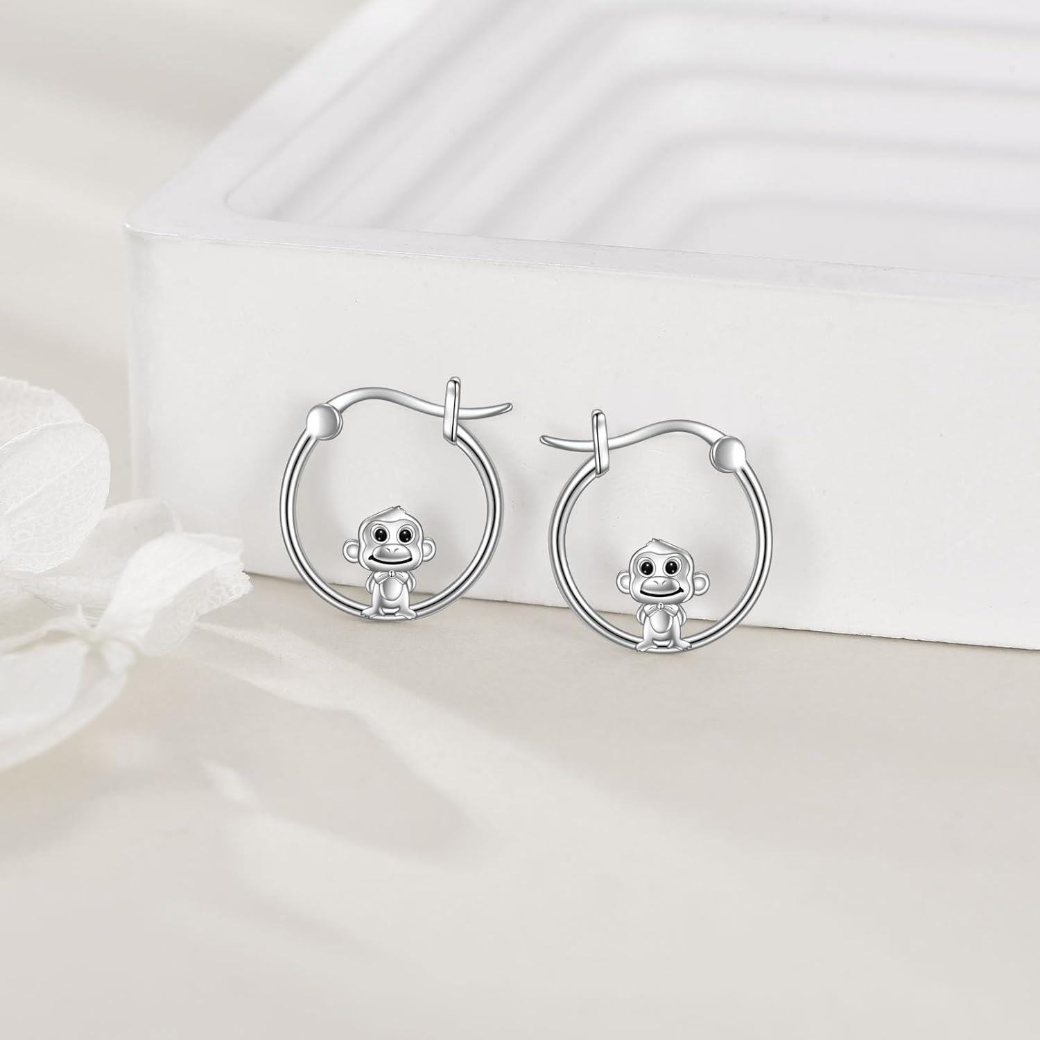 wholesale 925 Sterling Silver Monkey Charm Circle Hoop Earrings for Girls and Women-0-2