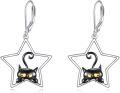 wholesale 925 Sterling Silver Star-Shaped Black Cat Drop Earrings with Leverback Closure - Cute Animal Jewelry for Women and Girls-0-0