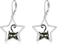 wholesale 925 Sterling Silver Star-Shaped Black Cat Drop Earrings with Leverback Closure - Cute Animal Jewelry for Women and Girls-Star