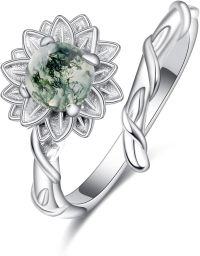 wholesale 925 Sterling Silver Green Moss Agate Lotus Flower Ring - Adjustable Size for Women-Moss Agate
