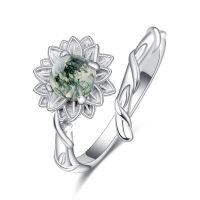 wholesale 925 Sterling Silver Green Moss Agate Lotus Flower Ring - Adjustable Size for Women-Moss Agate