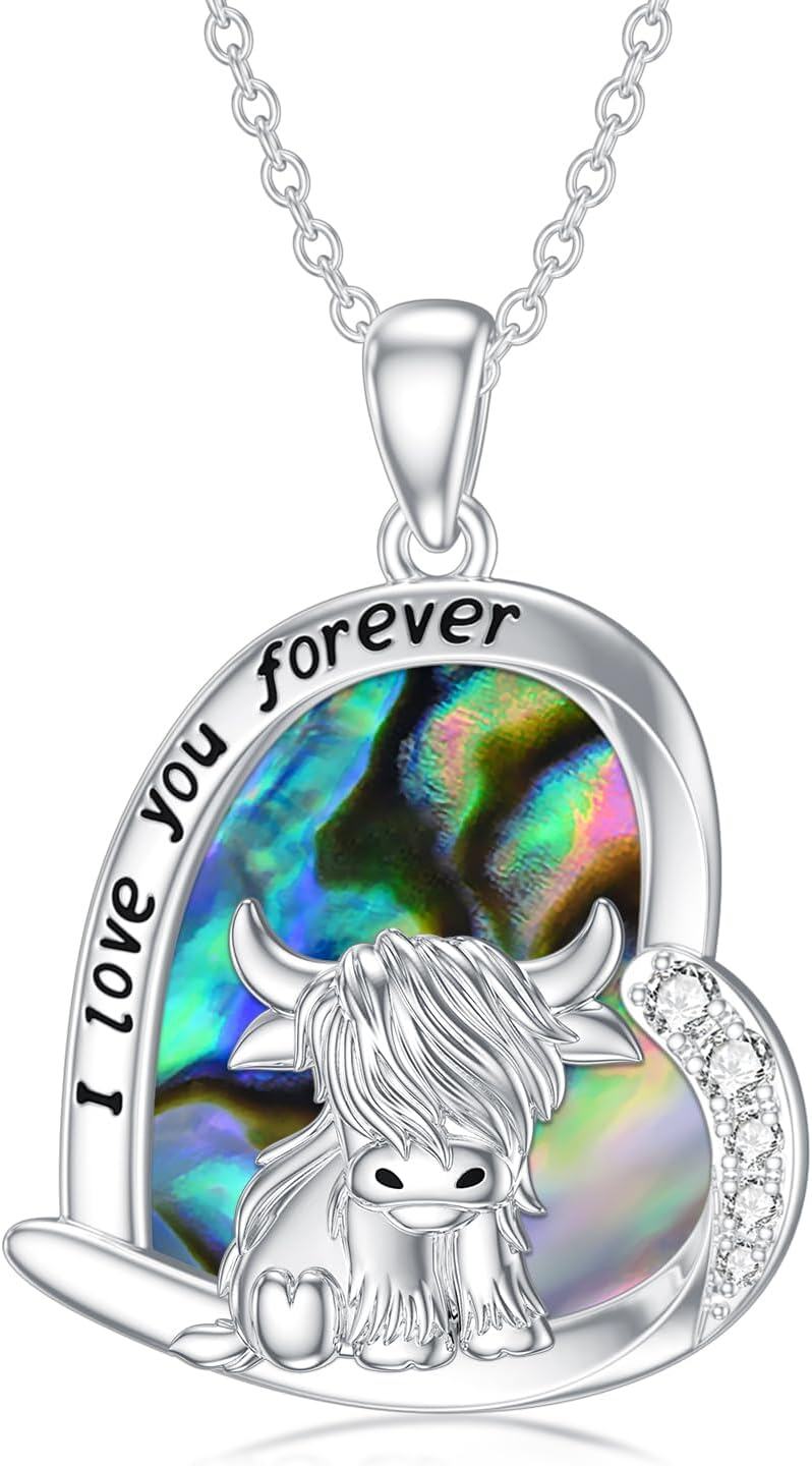Sterling Silver Highland Cow Birthstone Necklace Jewelry Gifts for Women Girls-8-6-Abalone Shell-8-6-Abalone Shell