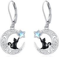 wholesale 925 Sterling Silver & Stone Black Cat Celtic Knot Dangle Drop Earrings, 16mm, Gothic Moon Jewelry for Women, Hypoallergenic Gift-black-Cat