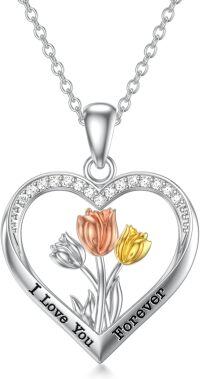 wholesale 925 Sterling Silver Heart-Shaped Flower Pendant Necklaces with I Love You Forever Inscription for Women Girls Gifts-01-Tulips