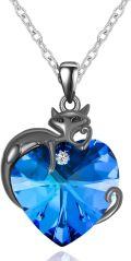 wholesale 925 Sterling Silver Heart-Shaped Blue Crystal Cat Pendant Necklace for Women-0-0