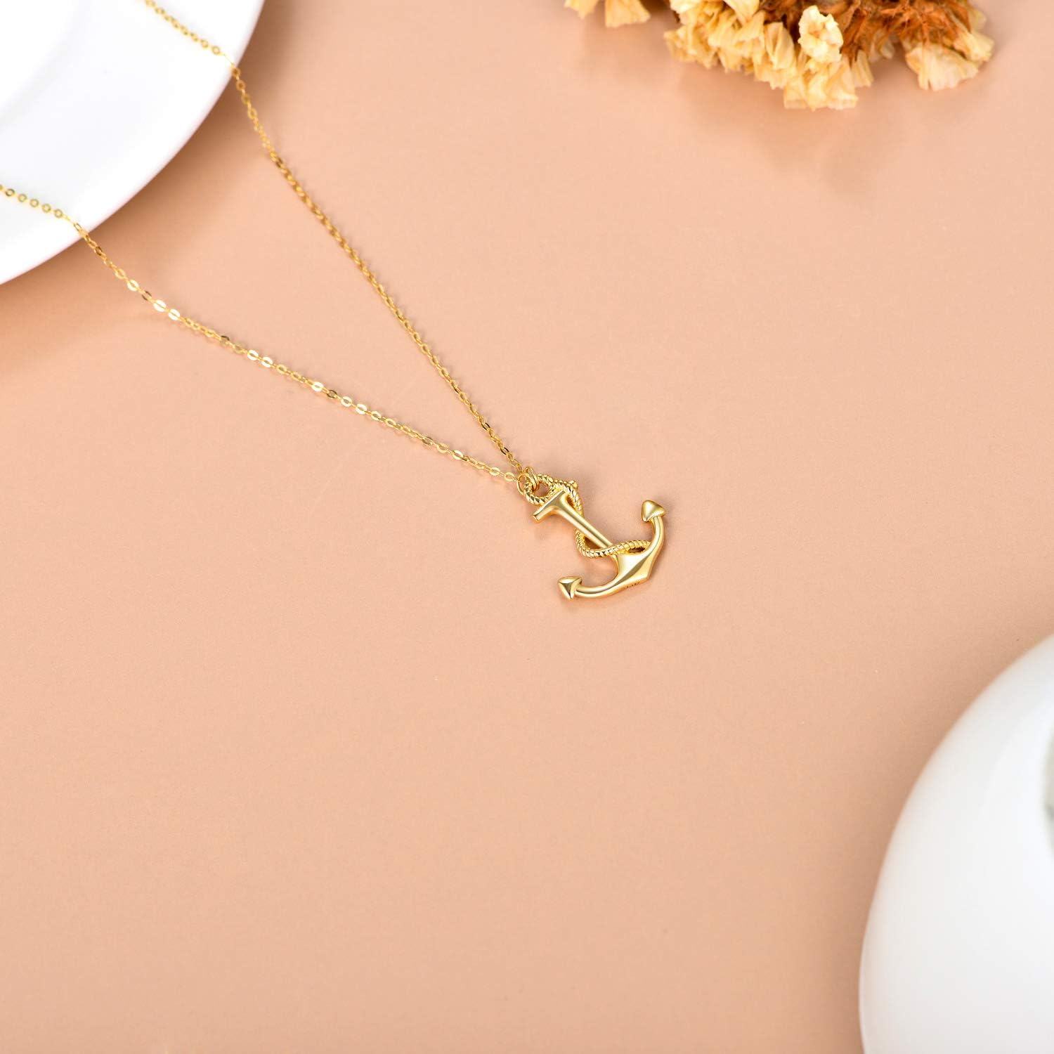 14K Gold Nautical Rope Anchor Pendant Necklace for Women 16+1+1 Inch-0-4