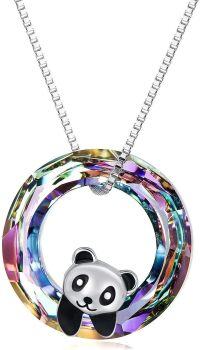 wholesale 925 Sterling Silver & Crystal Cute Smiling Panda Pendant Necklace - Adjustable Chain, Gift for Women-Happy Panda-14mm Purple