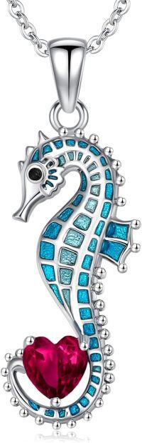 wholesale 925 Sterling Silver Birthstone Blue Seahorse Heart Pendant Necklace-July